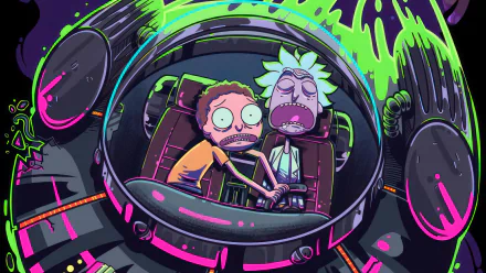 HD wallpaper featuring Rick and Morty from the TV show, depicted in their spaceship with a vibrant, colorful background.
