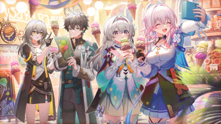 HD PC desktop wallpaper featuring Firefly, Stelle, Dan Heng, and March 7th from Honkai: Star Rail enjoying a lively festival scene.