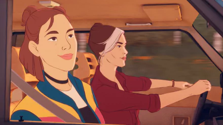 HD wallpaper featuring two characters from the video game Open Roads on a road trip, with one driving and the other as a passenger in a warm, sunlit car interior.