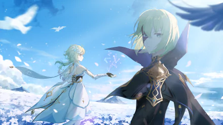 4K Ultra HD PC wallpaper featuring Lumine and Dainsleif from Genshin Impact standing in a bright, scenic field under a clear blue sky.