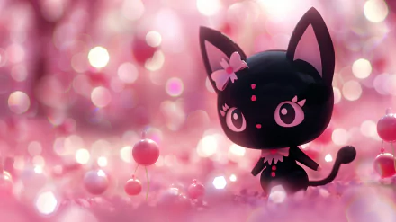 HD desktop wallpaper of Kuromi, the cat-like character from Onegai My Melody, against a sparkling pink bokeh background.