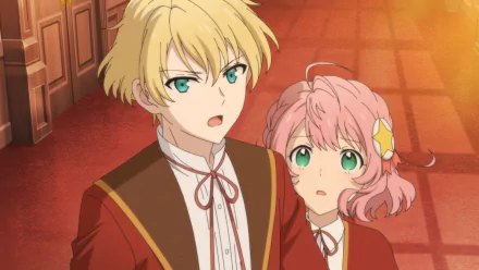 A vibrant HD wallpaper featuring characters from Villainess Level 99, showcasing a blonde-haired boy with striking green eyes and a surprised pink-haired girl in a richly colored setting.