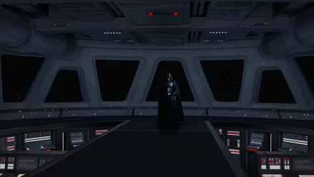 High-definition wallpaper from Star Wars: Dark Forces Remaster featuring a character standing in a spaceship corridor with starry space visible through the windows.