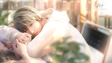 HD wallpaper featuring a contemplative character from the video game Love and Deepspace set in a soft-lit background.