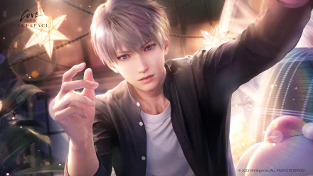 HD desktop wallpaper featuring a video game character with Love and Deepspace theme, showcasing sparkling lights and cosmic visuals.