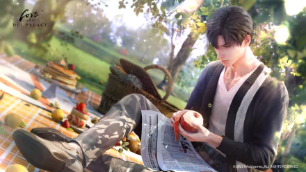 HD desktop wallpaper from the video game Love and Deepspace featuring a male character relaxing with a book and an apple in a serene outdoor setting with a picnic basket and fruits in the background.