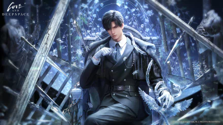 HD wallpaper of a stylish video game character from Love and Deepspace, posed thoughtfully amidst ethereal blue crystalline structures.