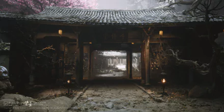 HD Black Myth: Wukong video game wallpaper featuring a traditional Asian gateway in a serene, snowy landscape.