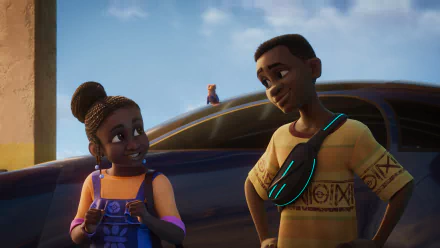 HD wallpaper featuring animated characters from the TV show Iwájú, with a smiling girl and boy standing in front of a futuristic car under a sunny sky.