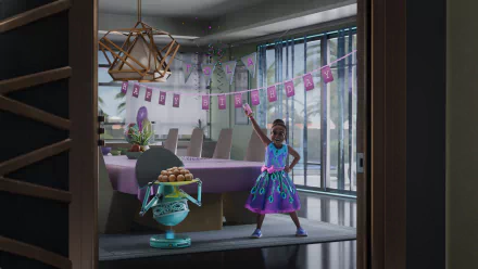 HD desktop wallpaper featuring a scene from the TV show Iwájú with a young animated character celebrating in a festive room.