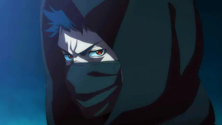 Anime Ninja Kamui character Joe Higan HD desktop wallpaper with a masked ninja in a blue hue background.