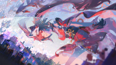 4K Ultra HD desktop wallpaper featuring Sparkle from Honkai: Star Rail in a dynamic pose with vibrant cityscape and abstract elements from the video game.