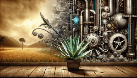 HD desktop wallpaper featuring a vibrant agave plant in the foreground with a whimsical steampunk backdrop and a pastoral scene at sunset.