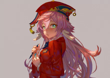 HD PC desktop wallpaper featuring Yanfei from Genshin Impact, showcasing her colorful outfit and detailed character design against a neutral background.