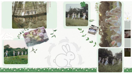HD PC desktop wallpaper for NewJeans (Music): pastel-green collage of outdoor group photos, grassy border, polaroid and clover accents, central bunny doodle and soft nature motifs.