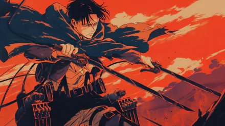 HD Anime Wallpaper featuring Levi Ackerman from Attack on Titan with dynamic action pose and dramatic red background.