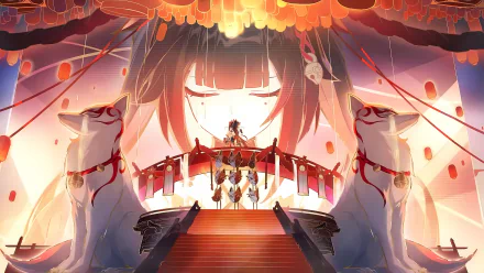 A vibrant HD wallpaper featuring Sparkle from Honkai: Star Rail, showcasing an ethereal setting with a character standing on a bridge, flanked by guardian dogs and a striking background.