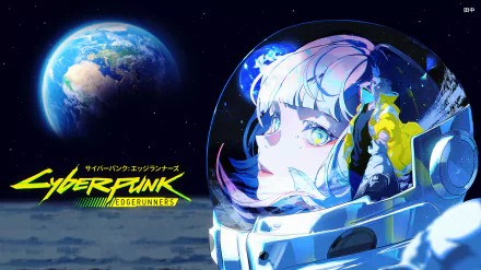 Cyberpunk: Edgerunners 8K Ultra HD PC wallpaper featuring a close-up of a character in a futuristic helmet against a glowing Earth backdrop in space.