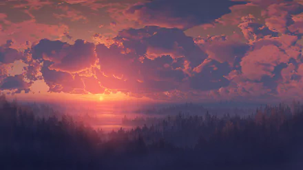 Digital artistic landscape of a vivid sunset with glowing clouds over a dark forest, rendered in 4K Ultra HD for a striking PC desktop wallpaper and background.