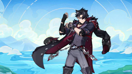 HD wallpaper featuring Wriothesley from Genshin Impact video game, with dynamic pose on a sky-blue background.