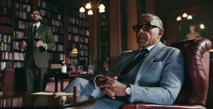 A scene from the TV show The Gentlemen (2024), featuring Giancarlo Esposito in a stylish blue suit, seated thoughtfully in a library, with a waiter in the background.