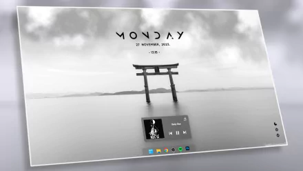 HD PC desktop wallpaper featuring a serene black-and-white Japanese torii gate scene with minimalist anime-inspired aesthetic and subtle date and music display.