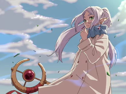 Anime-style 4K Ultra HD desktop wallpaper featuring Frieren from Frieren: Beyond Journey's End with long hair, a cloak, and a mystical staff against a cloudy sky.