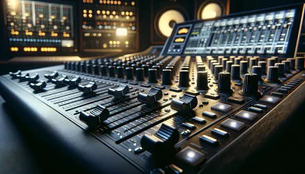 High-definition desktop wallpaper featuring a close-up of an advanced music mixer console with illuminated buttons and sliders, encapsulating modern music production technology.