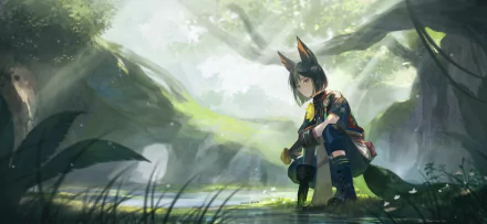 4K Ultra HD wallpaper featuring Tighnari from Genshin Impact, sitting thoughtfully in a sunlit forest clearing surrounded by lush greenery.