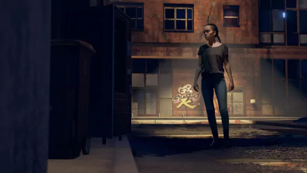 HD desktop wallpaper featuring a scene from the video game As Dusk Falls with a character standing in a dimly lit urban alleyway.