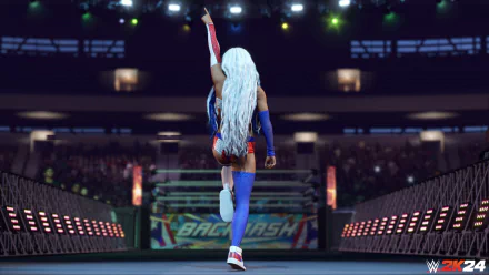 WWE 2K24 video game character making a victorious entrance at the BACKLASH event, featured in HD desktop wallpaper.