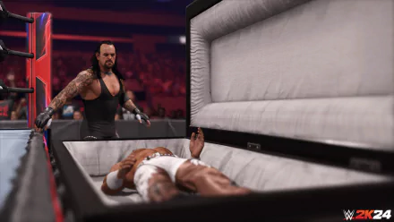 An intense scene from WWE 2K24 featuring a wrestler standing by a coffin, creating a dramatic atmosphere for HD desktop wallpaper and background.