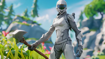 Fortnite Battle Royale character in HD wallpaper posing with a pickaxe in a vibrant landscape for desktop background.
