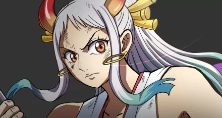 HD anime desktop wallpaper featuring Yamato from One Piece with silver hair, horn accessories, and intense gaze against a dark background.