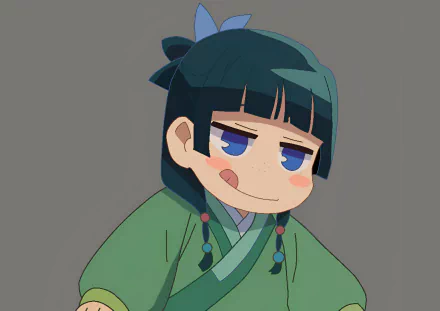 Chibi-style Maomao from The Apothecary Diaries with a mischievous expression, featured in an anime HD PC desktop wallpaper and background.