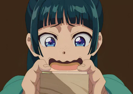 HD anime desktop wallpaper featuring Maomao from The Apothecary Diaries with expressive eyes and dark hair, holding a rectangular object close to her mouth.