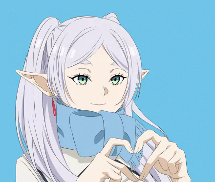 Anime-style HD desktop wallpaper featuring Frieren from Frieren: Beyond Journey's End, showing her with light hair, pointed ears, and a blue scarf against a solid blue background.