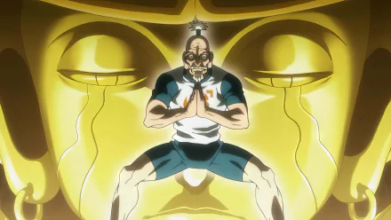 HD desktop wallpaper featuring Isaac Netero from Hunter x Hunter poised in a battle stance with a golden aura background.