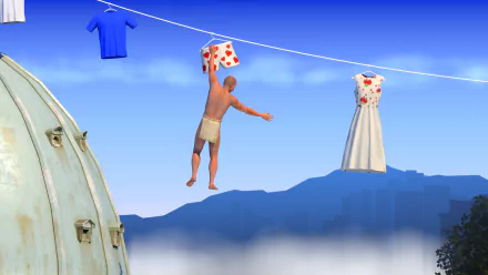 HD wallpaper of a challenging game character climbing between clothesline items with a scenic mountain background.
