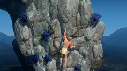 HD desktop wallpaper featuring a scene from a challenging video game with a character climbing a rugged cliff.