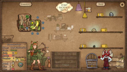 HD desktop wallpaper featuring Backpack Battles game interface with inventory, shop items, and character stats for an engaging gaming experience.