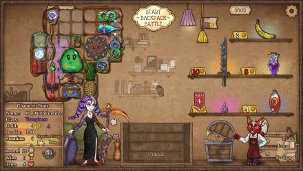 HD desktop wallpaper featuring a scene from the video game Backpack Battles, displaying animated characters and a variety of in-game items in a colorful, detailed shop environment.
