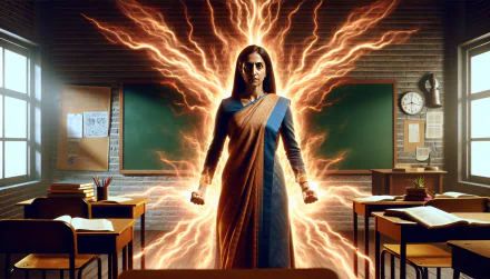 Dynamic HD desktop wallpaper of a female teacher with energy radiating from her amidst a classroom setting, symbolizing empowerment and inspiration in education.