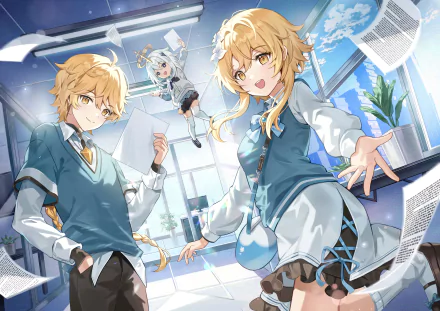 4K Ultra HD Genshin Impact wallpaper featuring Aether, Lumine, and Paimon in a bright, modern classroom setting with floating papers and sunlight streaming through windows.