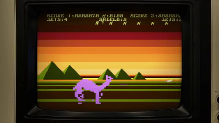 HD desktop wallpaper featuring a retro-style Llamasoft video game displayed on a classic monitor with a pixelated purple llama and vibrant sunset background.