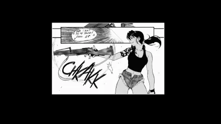 Black Lagoon anime girl in manga style aiming a rifle, depicted in monochrome for an HD PC desktop wallpaper and background.