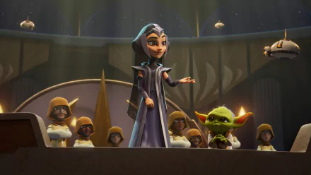 A scene from the TV show Star Wars: Young Jedi Adventures, featuring a cloaked character addressing a crowd, with a small green creature by her side, set in a space-themed backdrop.
