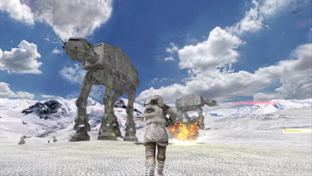 HD wallpaper featuring an iconic scene from Star Wars: Battlefront Classic Collection video game with an AT-AT walker and a soldier in a snowy landscape.