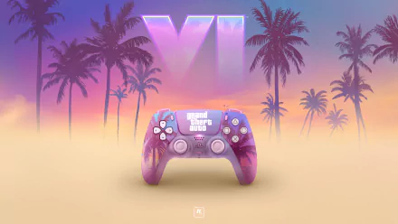 High-definition desktop wallpaper featuring Grand Theft Auto VI logo with a stylish game controller set against a vibrant background of tropical palm trees.