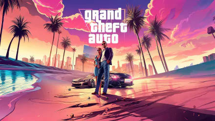 Grand Theft Auto VI HD wallpaper featuring vibrant sunset beach scene with stylish characters and sports cars.